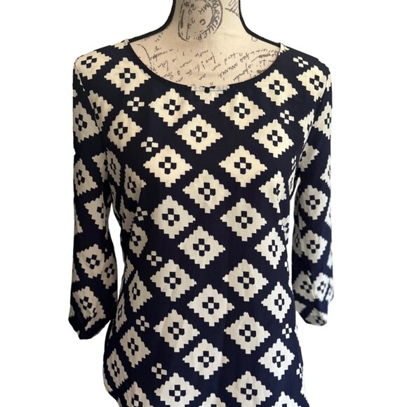 Timing Tops - Timing Blue & White Geometric Print Three Quarter Sleeve Blouse M Office Career